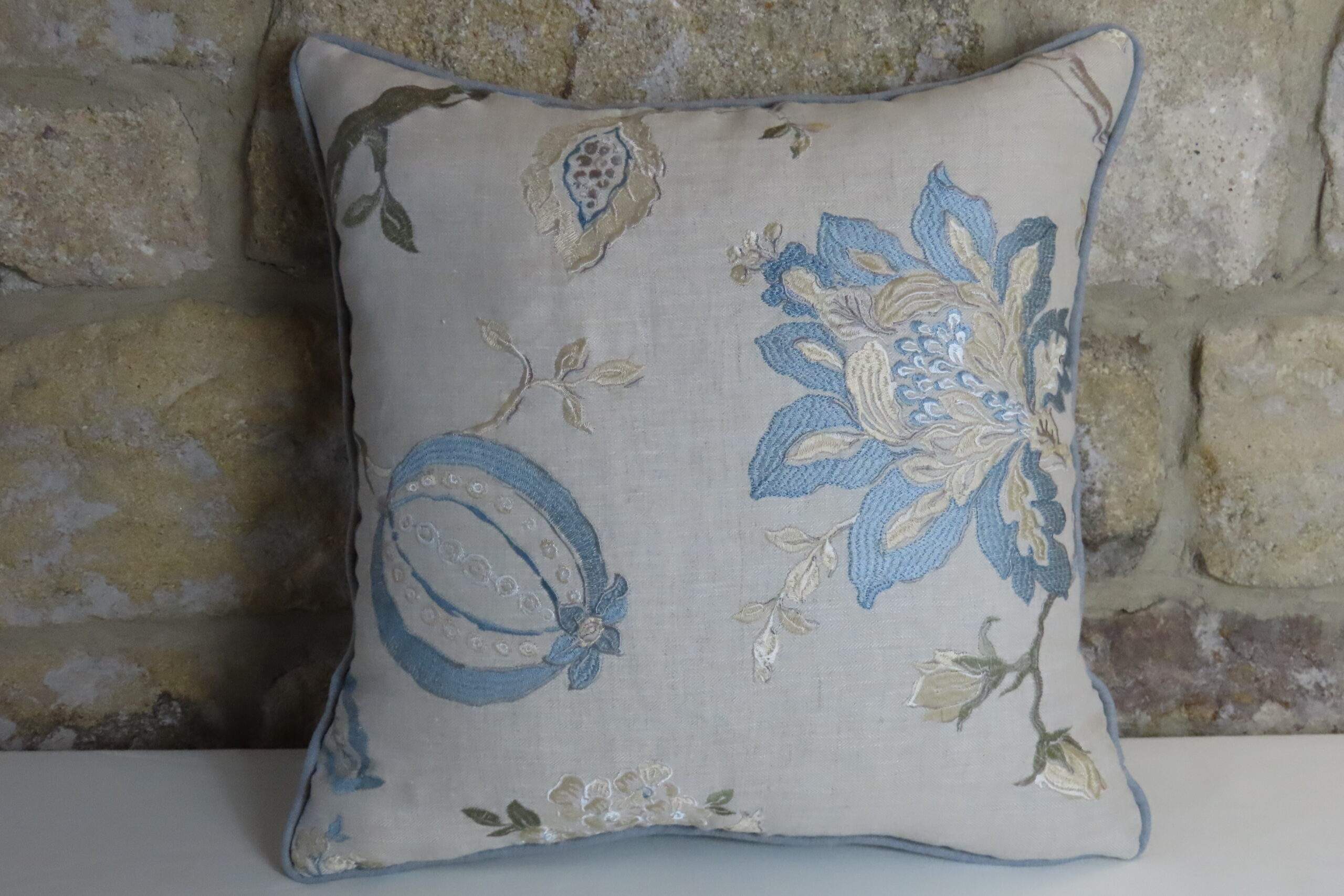 Square cushions, Floral, botanical, blue, gold, herringbone, natural, colefax and fowler, designer, embroidered